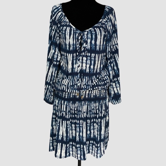 Veronica M Blue White Soft Jersey Tie Dye Drop Smocked Waist Mini Dress SZ S - Picture 1 of 11